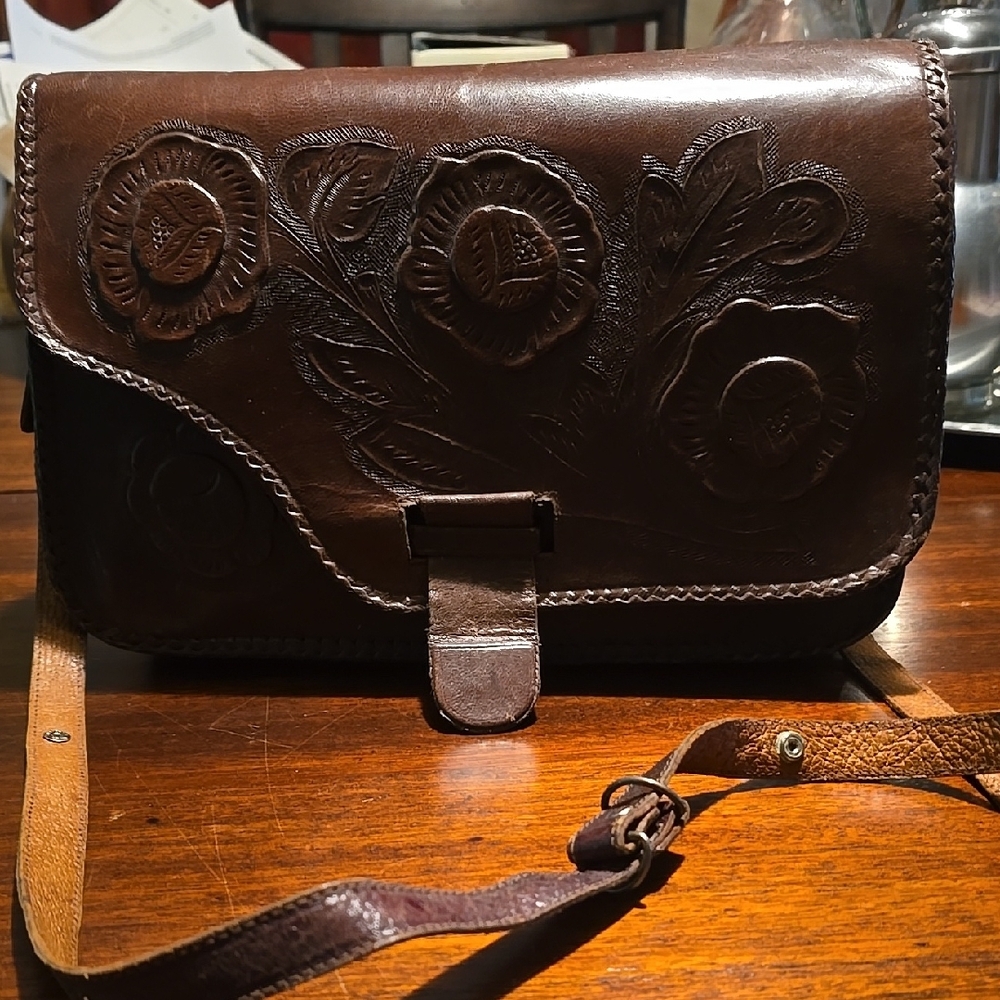 Brown Leather Crossbody Bag with Embossed Floral Design